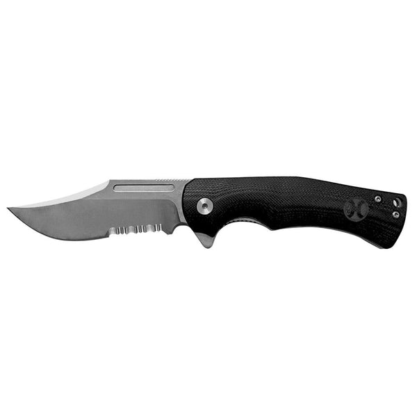 Serrated Blade "Black Micarta Clip Point Flipper" Hooey Knife