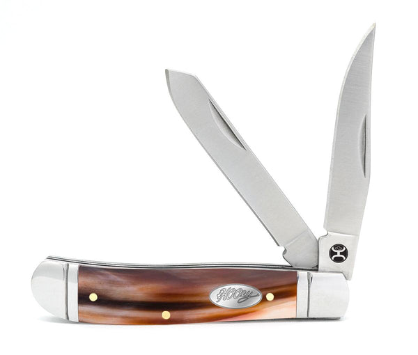 large Ox Horn Trapper knife with wood detail handle and Hooey logo on blade