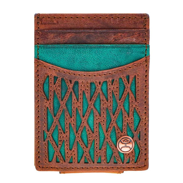 Chapawee money clip in brown and turquoise with Aztec pattern