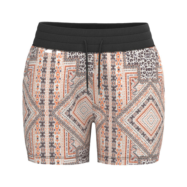 Oasis shorts with white, pink, and black pattern and black waste band