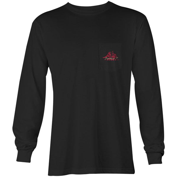 front of the Armadillo youth shirt in black with long sleeves and original artwork on the pocket
