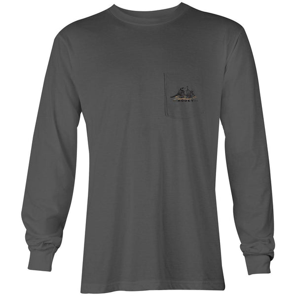 front of the Armadillo grey long sleeve shirt with original artwork on the pocket