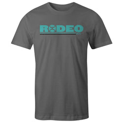 Rodeo tee in grey with turquoise and black logo