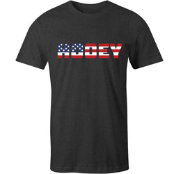 Patriot tee in charcoal with red, white, and blue logo
