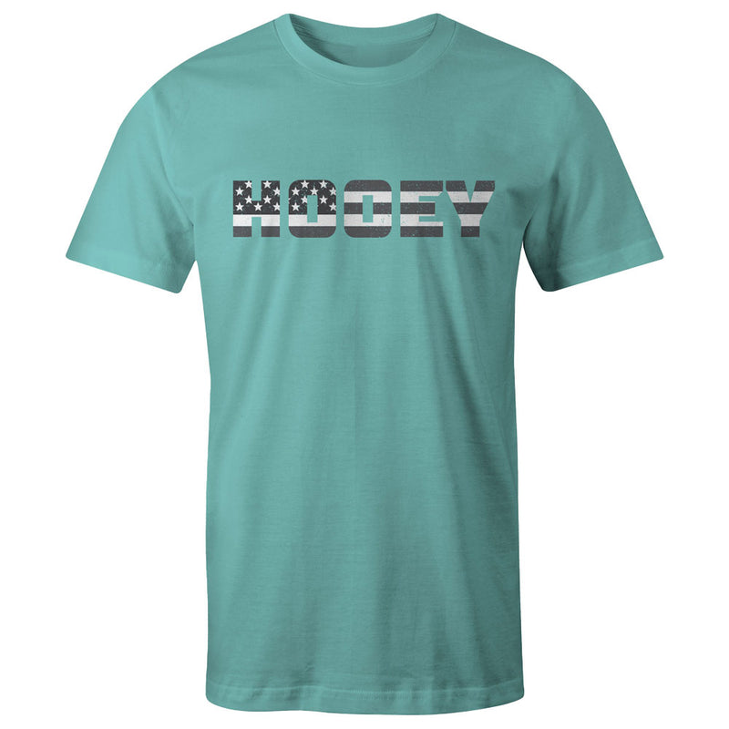 Patriot tee in turquoise with grey and white flag logo
