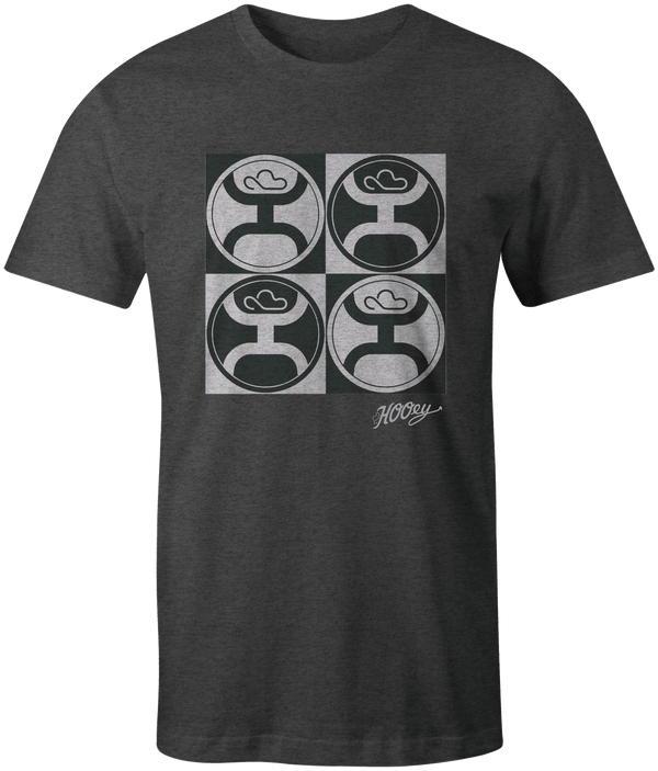 Block grey, black, and white t-shirt with various Hooey logos