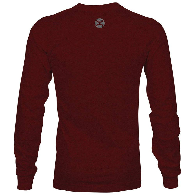 back of the OG long sleeve tee in cranberry with grey logo