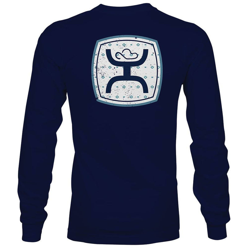 Zenith navy long sleeve shirt with aztec, blue, and white logo