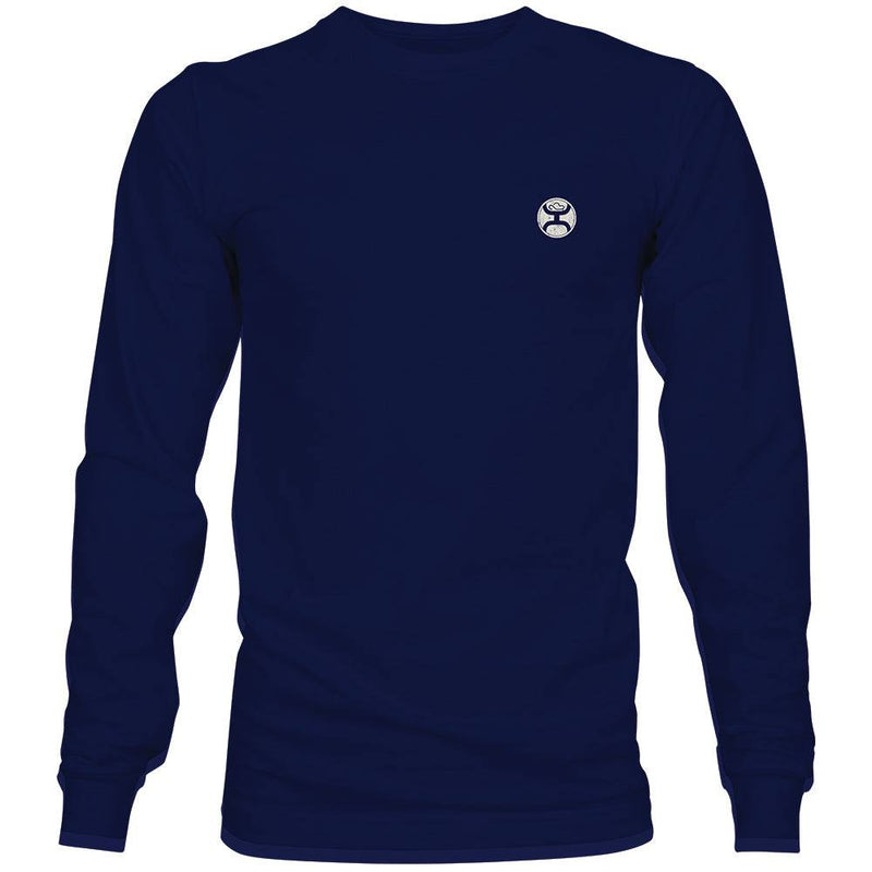 front of the Zenith navy long sleeve shirt with aztec, blue, and white logo