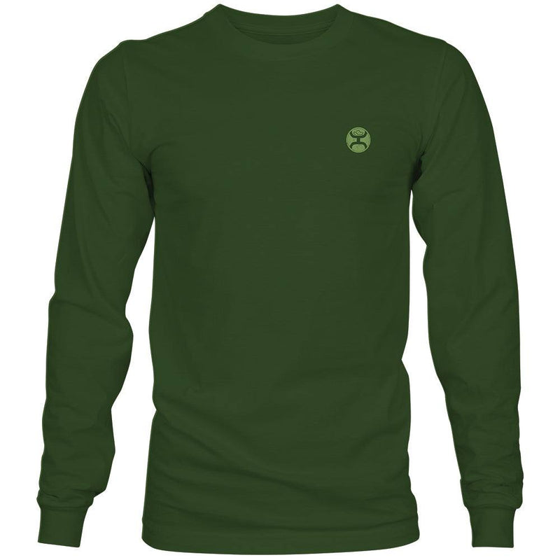 front of the Youth long sleeve Zenith tee in Olive with camo logo