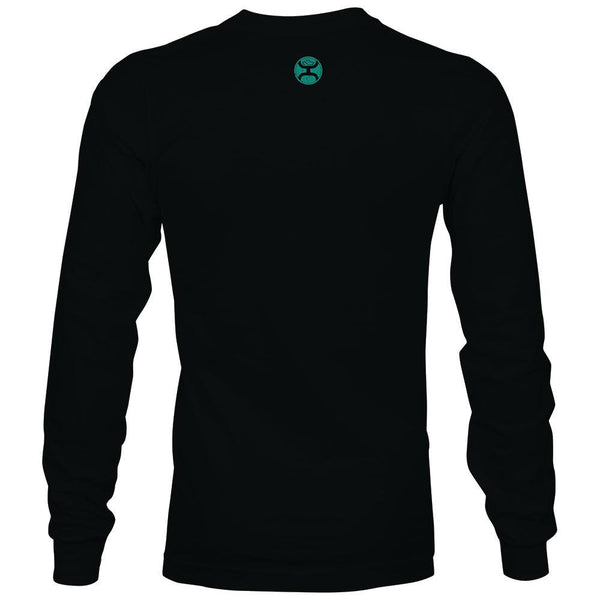 back of the Rodeo long sleeve tee with teal logo