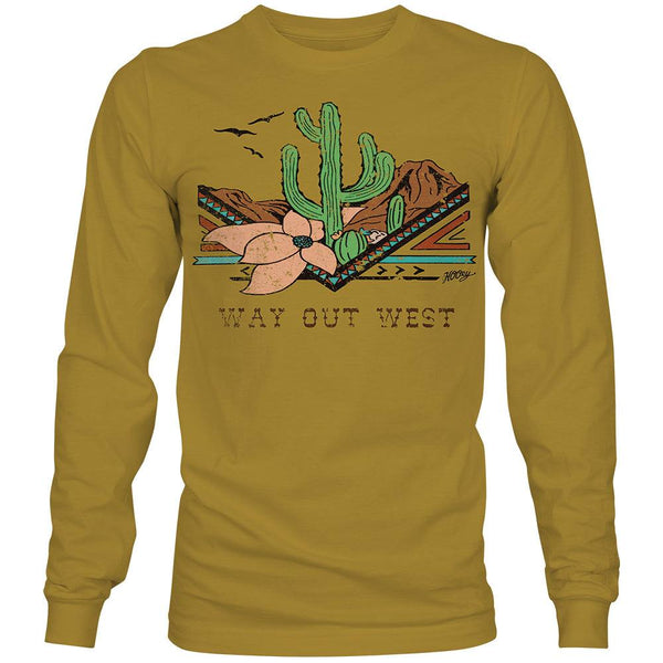 Way Out West mustard long sleeve tee with original cactus and desert art work