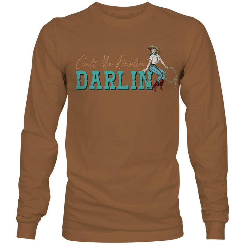 Darlin long sleeve t-shirt with teal and light brown writing and cowgirl art in light brown