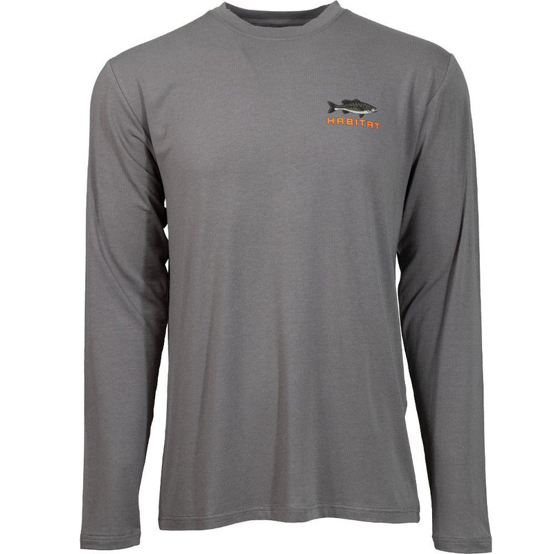 front of the Bass grey long sleeve tee with Habitat in orange and fish artwork on the pocket area
