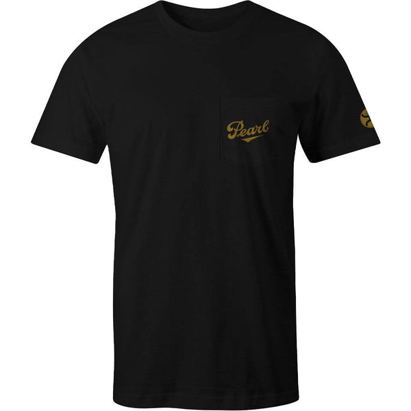 front of the Pearl tee in black with gold logo