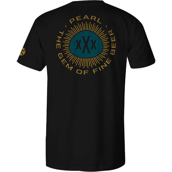 Pearl tee in black with gold and turquoise logo artwork