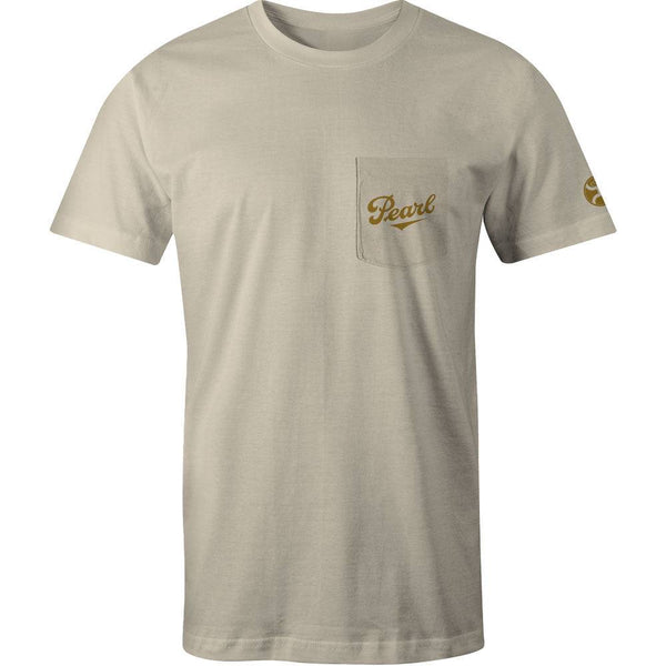 front of the pearl tee in white with mustard logo on pocket