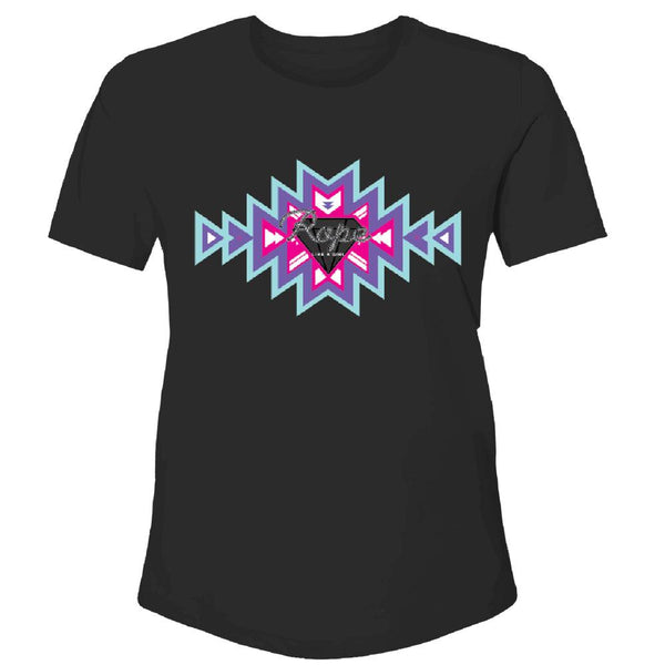 Rope Like A Gril black tee with purple, pink, teal Aztec pattern across the chest with grey rope logo in center