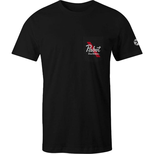 Pabst Blue Ribbon black tee with white and red logo on pocket