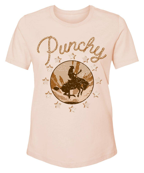 Punchy tee in peach with tan and brown artowrk