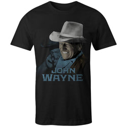 front of the John Wayne black t-shirt with John Wayne image and blue writing