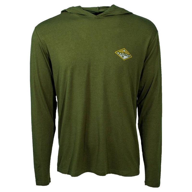 Front of the Hooded Captain long sleeve tee in olive with yellow and white logo