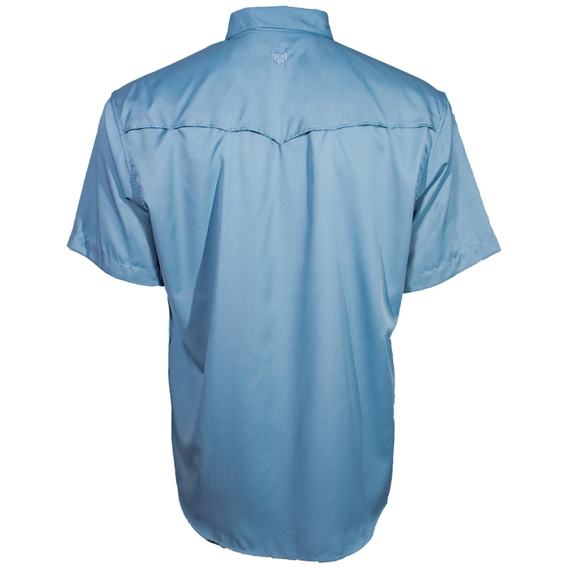 back of the SOL Ashley blue short sleeve pearl snap shirt