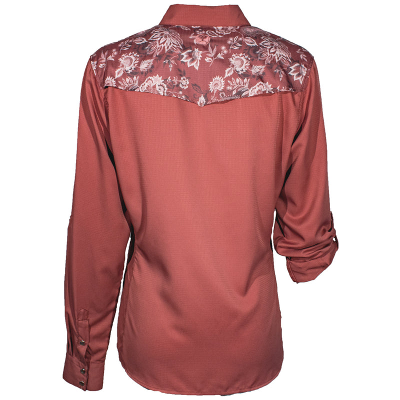 "Sol" Ladies Marsala w/Floral Pattern Detailing Long Sleeve Pearl Snap Shirt