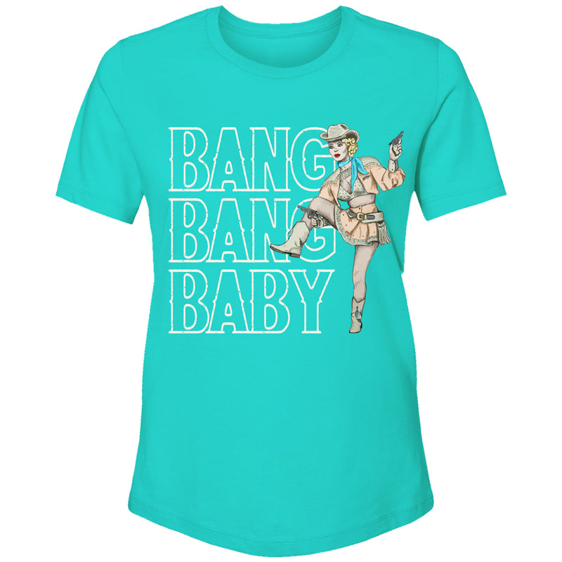Bang Bang Baby t-shirt in turquoise with white writing and cowgirl artwork