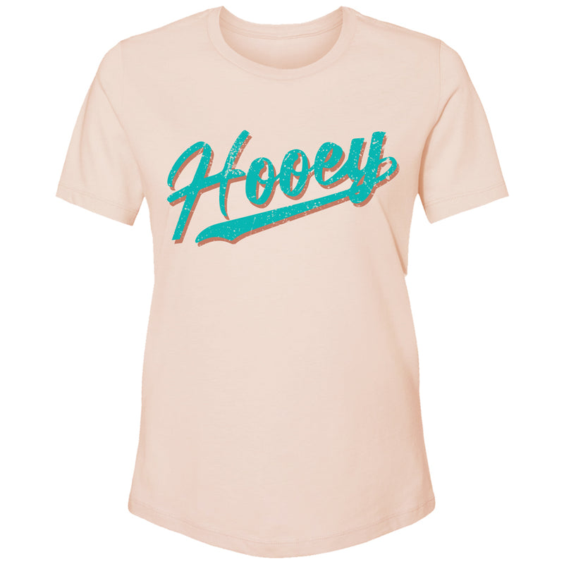front of the Hooey Varsity peach t-shirt with teal logo