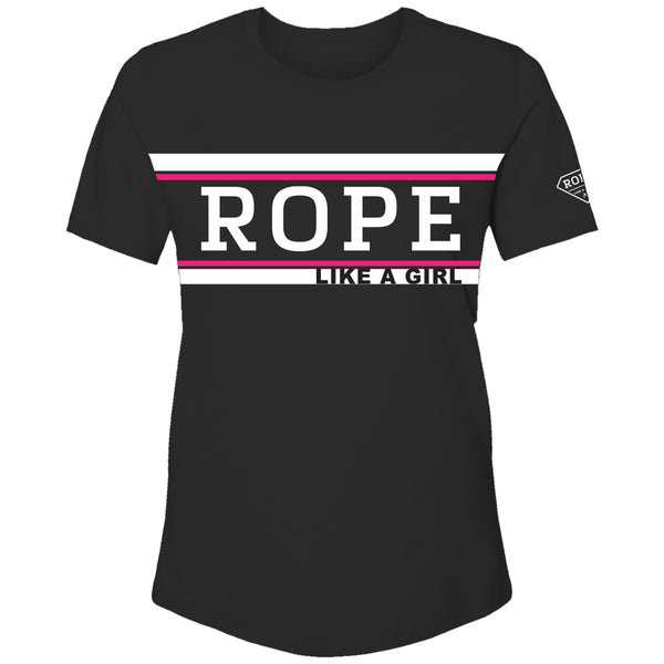 Rope like a girl black tee with pink and white logo across the chest