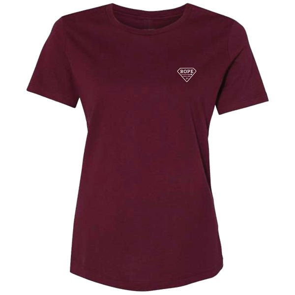 front view of the Rope Rope Rope cranberry tee with white logo