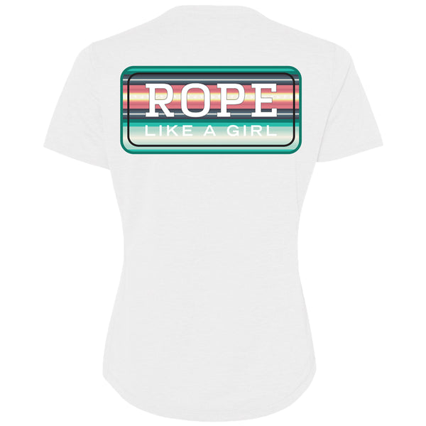 Bodega t-shirt in white with a teal and peach serape rope like a girl block logo