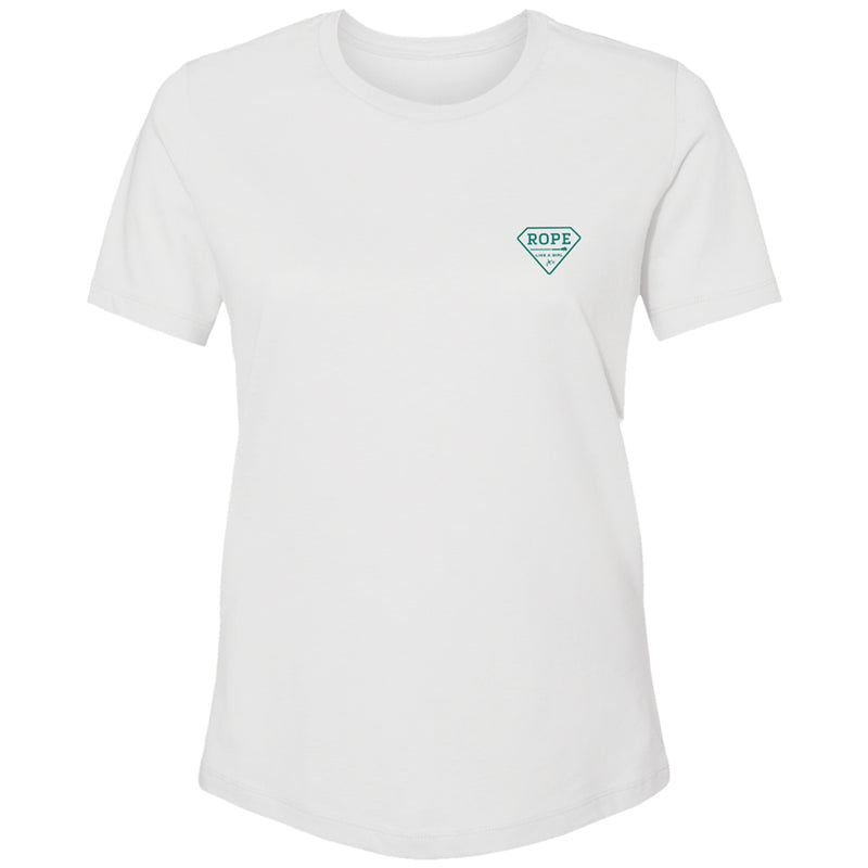 Front of the Bodega t-shirt in white with a  teal diamond shaped Rope Like Girl logo