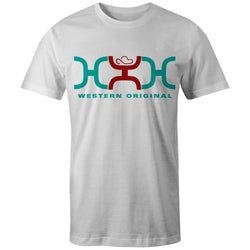 Loop white tee with red and turquoise logo block 