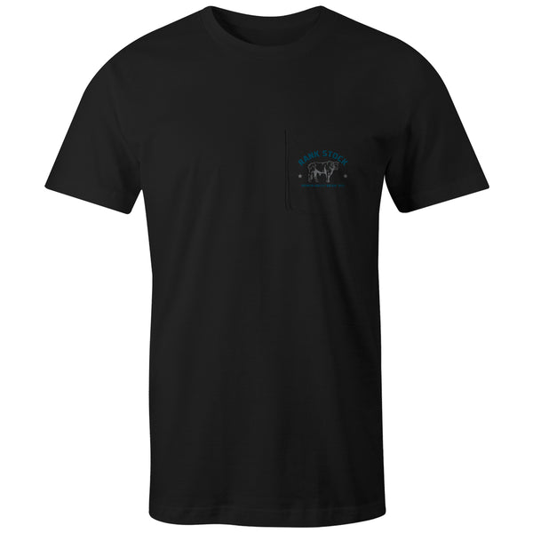front of the Charbray tee in black with grey and blue rank stock logo on the pocket