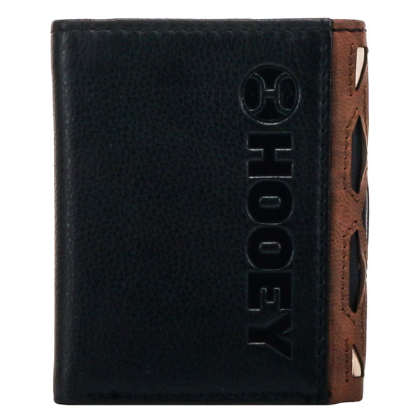 back of the Chapawee trifold wallet in brown leather with ivory, red, black laser but Aztec patter in black with hooey stamp