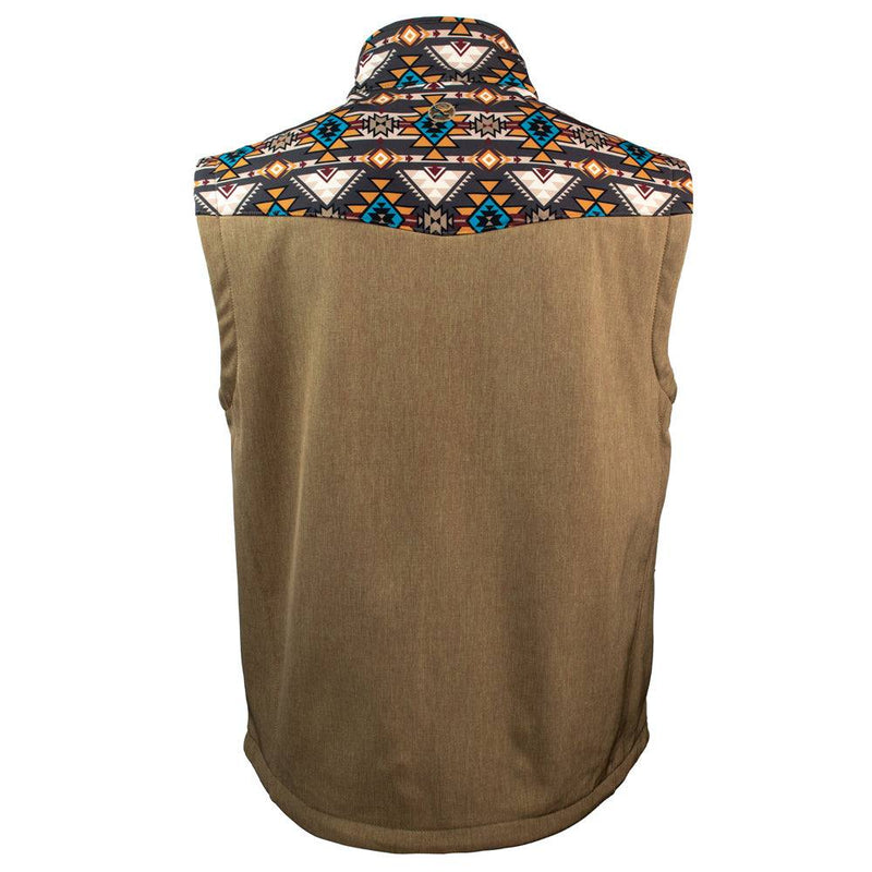 back of the Youth softshell vest in tan with multi colored Aztec print on collar