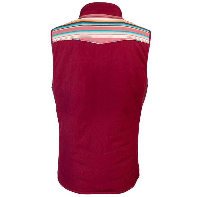 back of the Youth Hooey Girls Packable Vest in burgundy with stripe detailing on the shoulders