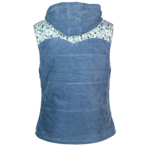 back of the Youth Hooey Girls Hooded vest in blue with floral print