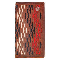 Chapawee rodeo wallet in brown leather with red, white, black Aztec pattern