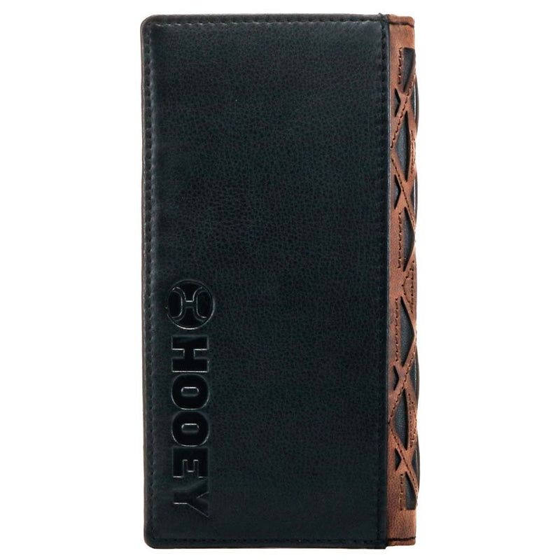 back of the Chapawee Rodeo wallet in black leather with red and white Aztec pattern on front and Hooey stamp on back