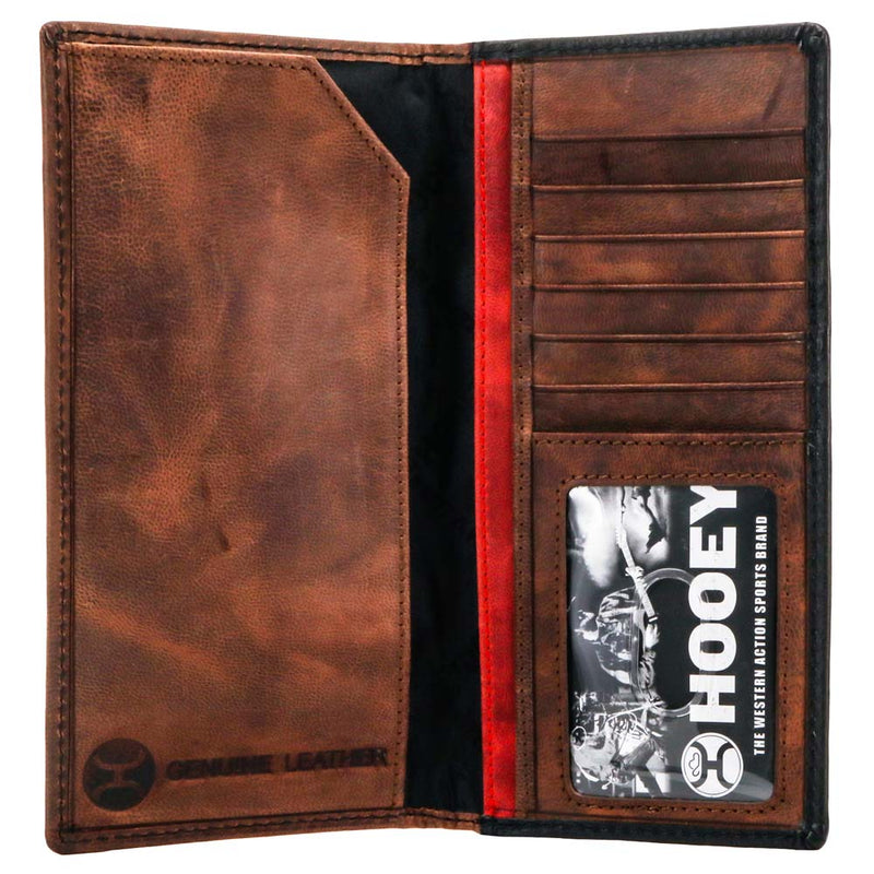 inside view of the Chapawee Rodeo wallet in brown leather with red and black details