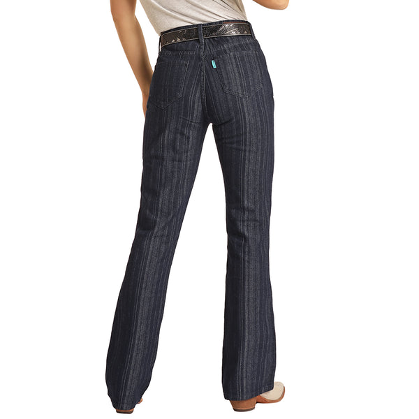 Dark Wash Jaquard Stripe High Rise Bootcut Jeans