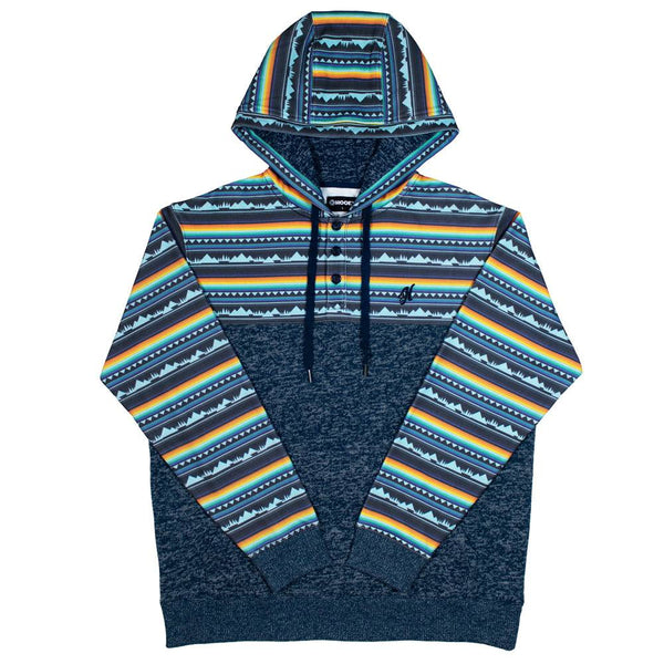 Jimmy heathered navy blue hoody with navy, light blue, orange, yellow stripe pattern on sleeves, collar, and hood