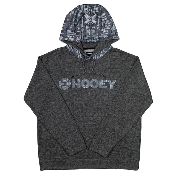 Lock-up grey hoody with grey and white aztec pattern on Hooey logo and hood