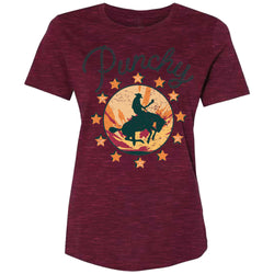Punchy tee in cranberry with orange, red, grey artwork