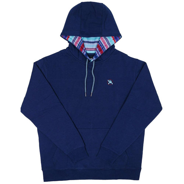 Roughy blues heather navy hoody with light and dark blue and red stripe pattern in hood lining