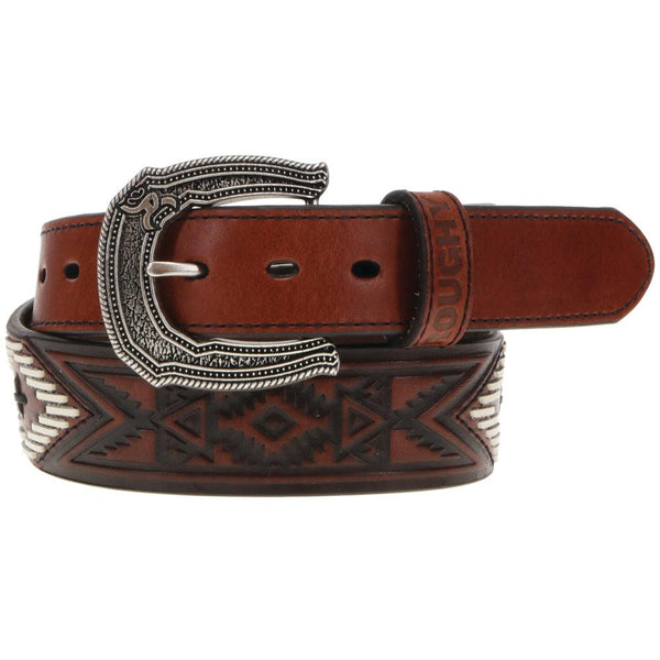 Choctaw roughy tooled laced belt in brown, ivory, and black Aztec pattern