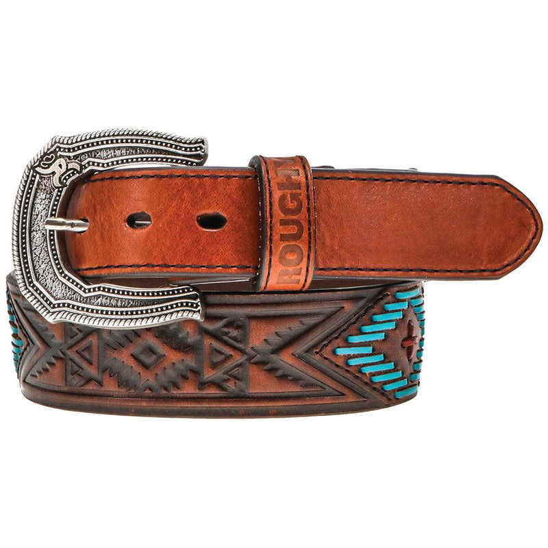 "Choctaw" Roughy Tooled w/lacing Belt Brown/Turquoise/Red w/Aztec